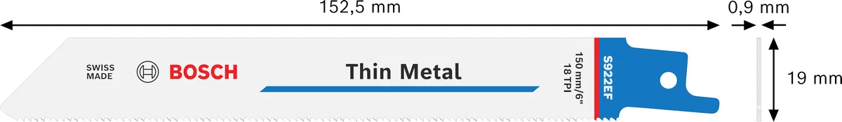 Bosch S 922 EF bi-metal reciprocating saw blade for thin metal.