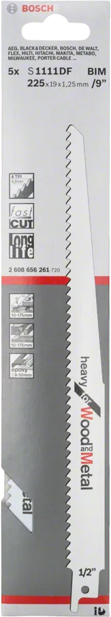 Bosch S 1111 DF BIM reciprocating saw blade for wood and metal.