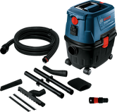Blue industrial vacuum with attachments.