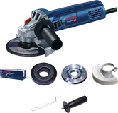 Bosch GWS9-115 angle grinder with accessories.