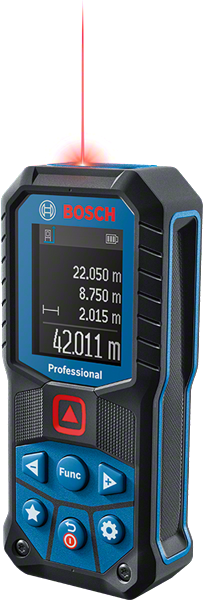 Bosch GLM 50-22 laser measure displaying distance readings.