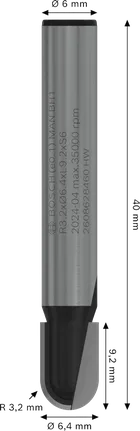 Bosch PRO Router Bit Core Box 6 mm shank, 3.2 mm radius.