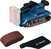 Bosch GBS 18V-75 cordless belt sander with sanding belt and dust bag.