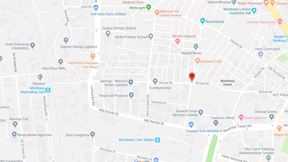 A map showing streets and locations in Mombasa, Kenya, marked with notable places.