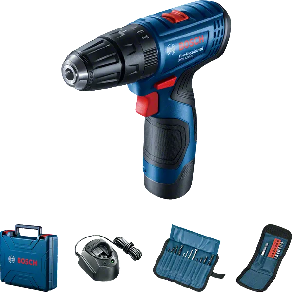 مجموعة المثقاب اللاسلكي Bosch GSB 120-LI مع الملحقات.