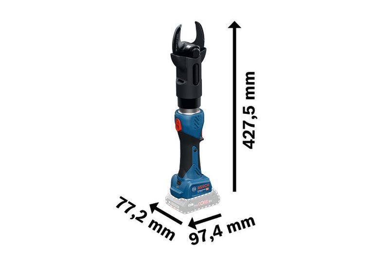 أداة القطع الهيدروليكية اللاسلكية Bosch GKH 18V-50، الأبعاد الموضحة.
