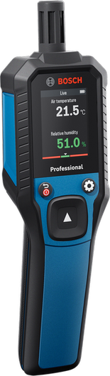 جهاز قياس درجة الحرارة والرطوبة Bosch GDH 1-17 يظهر درجة الحرارة والرطوبة.