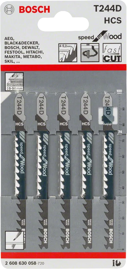 Bosch jigsaw blade T 244 D for fast wood cutting.