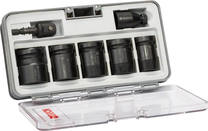 Bosch 7-piece socket set 13-24 mm in storage case.