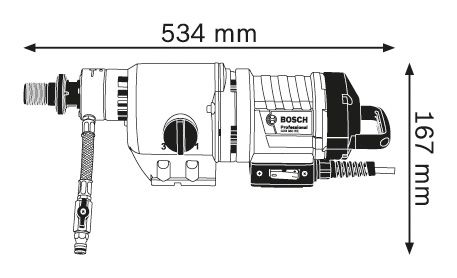 Bosch drill dimensions labeled.