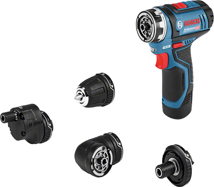 Bosch GSR 12V-15 FC cordless drill set with four attachments.