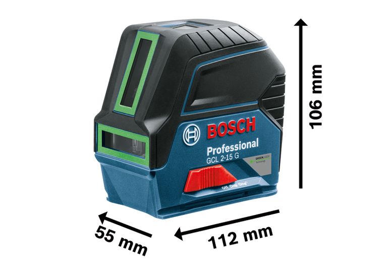 Bosch GCL 2-15 G combi laser with dimensions shown.