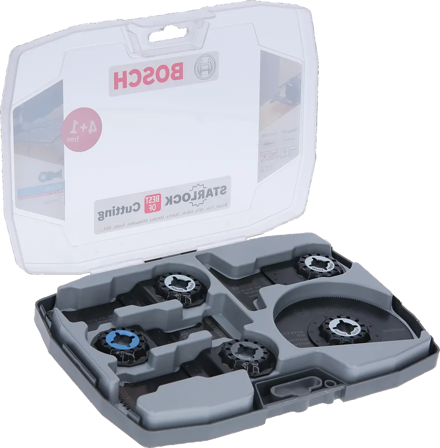 Bosch 5-piece wood and metal multitool cutting set in case.