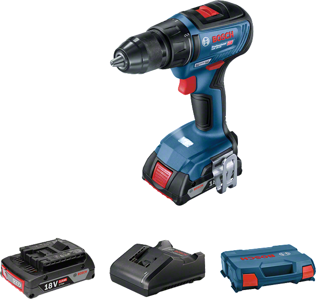Bosch GSR 18V-50 cordless drill with battery and case.