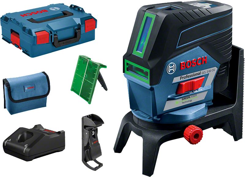 Bosch GCL 2-50 CG laser leveling tool with case and accessories.
