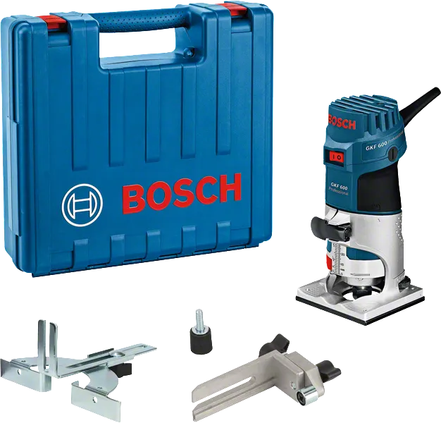 Bosch GKF 600 palm router kit with case and accessories.