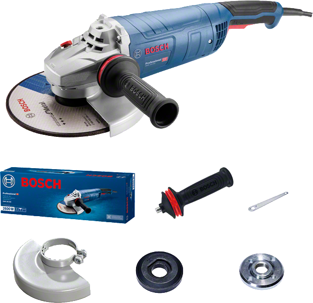 Bosch GWS 26-230 angle grinder with accessories.