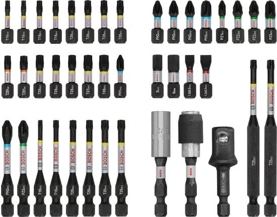 Bosch PRO Impact Screwdriver Bit Set 41 pcs, color-coded.