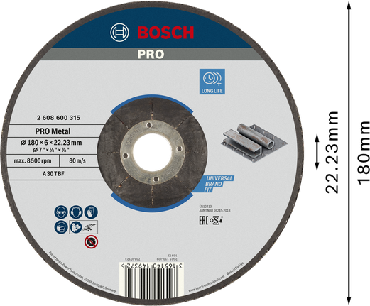 Bosch PRO Metal Bonded Grinding Disc 180x6x22.23 mm.