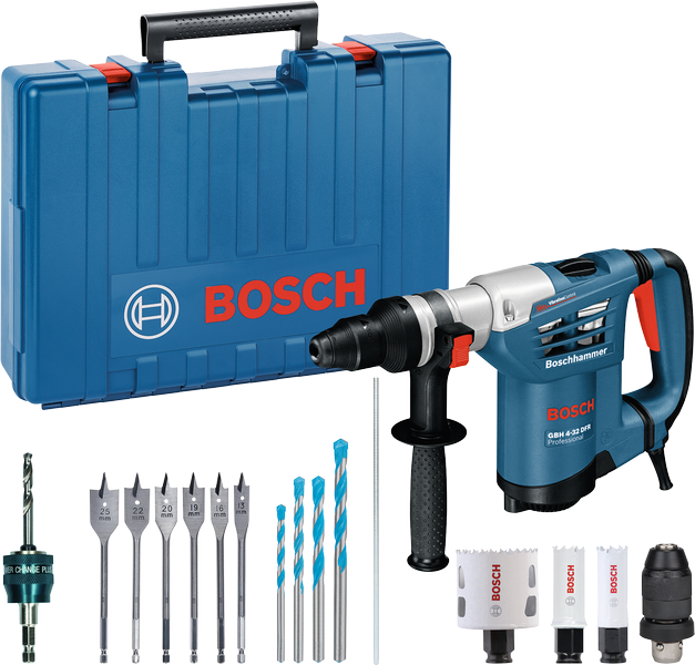 Bosch GBH 4-32 DFR rotary hammer drill set with accessories.