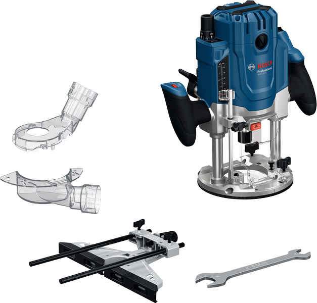 Bosch GOF 20-12 plunge router with accessories.