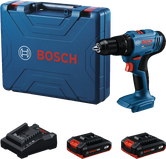 Bosch GSB 18V-45 cordless drill set with batteries and charger.