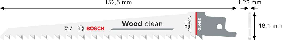 Bosch S 644 D reciprocating saw blade for clean wood cutting.