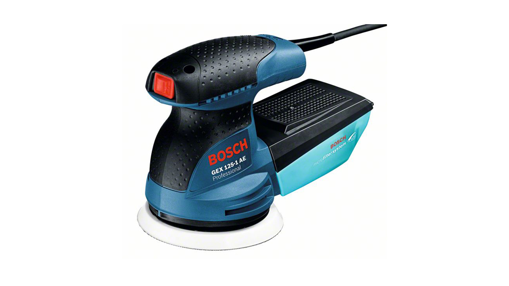 Электрическая шлифовальная машина Bosch GEX 125-1 AE, черно-синего цвета.