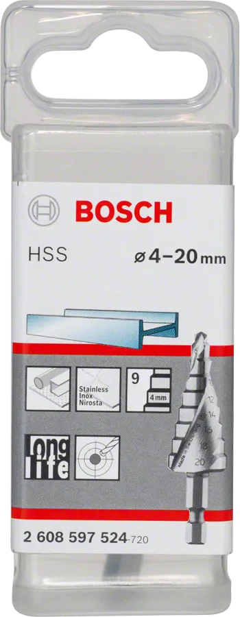 Ступенчатое сверло Bosch HSS 4-20 мм для нержавеющей стали.
