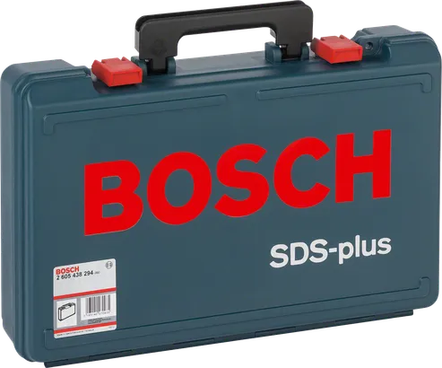 Пластиковый кейс Bosch SDS-plus с ручкой и красными защелками.