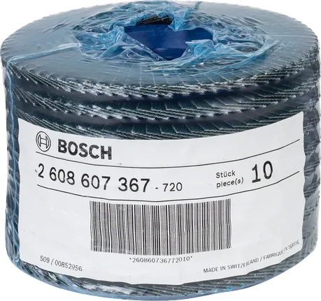 Упаковка из 10 лепестковых абразивных дисков Bosch для шлифования.