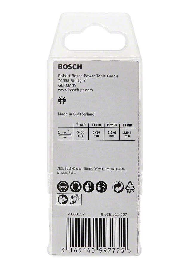 Набор из 18 пильных полотен Bosch с Т-образным хвостовиком для лобзика по дереву и металлу.