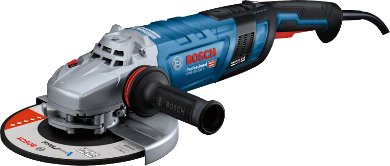 Угловая шлифовальная машина Bosch GWS 30-230 B с эргономичной рукояткой.