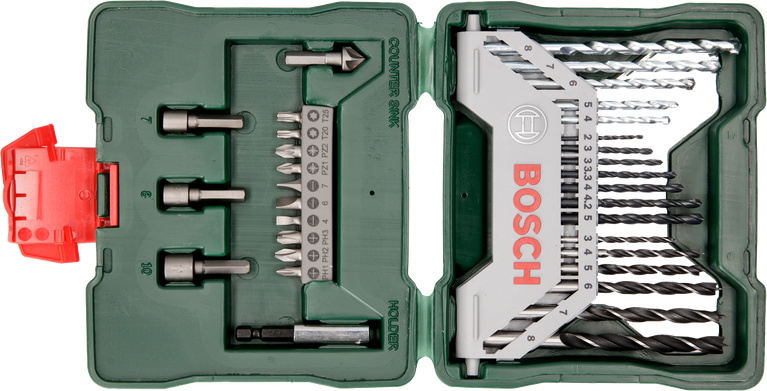 Набор дрелей и отверток Bosch в пластиковом футляре.