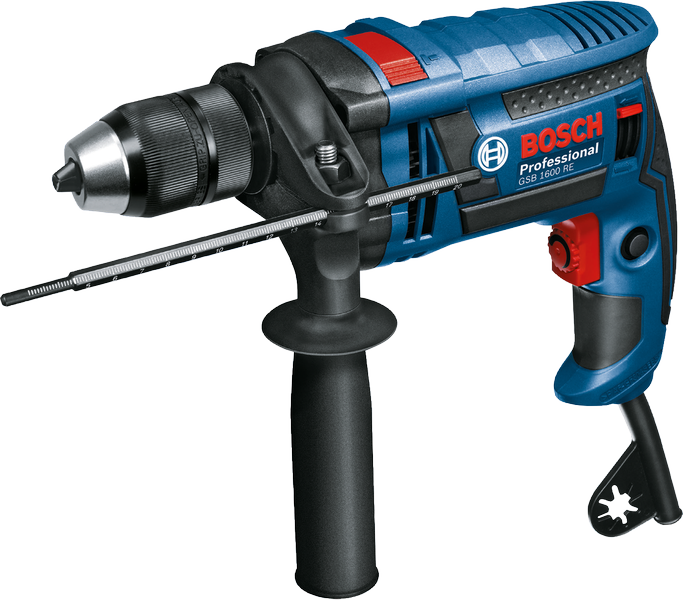 Ударная дрель Bosch GSB 1600 RE с сетевым питанием и боковой рукояткой.