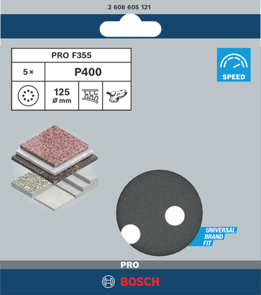 Шлифовальные диски Bosch PRO F355 125 мм G400, комплект из 5 штук.