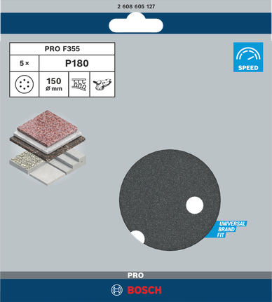 Шлифовальный диск Bosch PRO F355 150 мм P180, комплект из 6 отверстий.