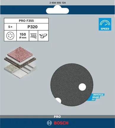 Шлифовальный диск Bosch PRO F355 150 мм P320 для шлифовки различных поверхностей.