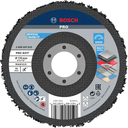 Чистящий диск Bosch PRO N377 диаметром 115 мм для работы с различными материалами.