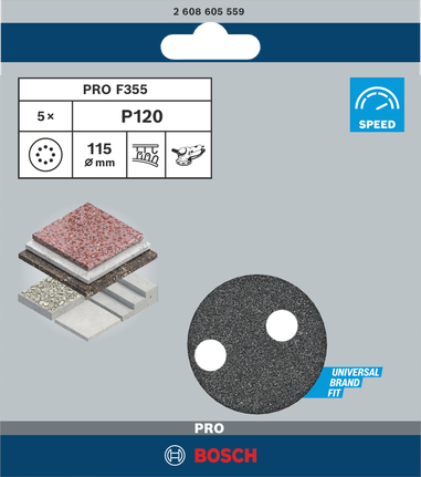 Шлифовальный диск Bosch PRO F355 115 мм G120, комплект из 5 штук.