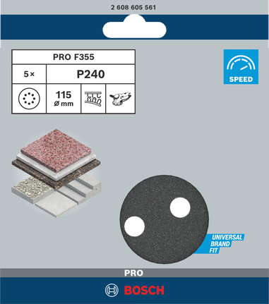Шлифовальный диск Bosch PRO F355 115 мм P240, комплект из 5 штук.