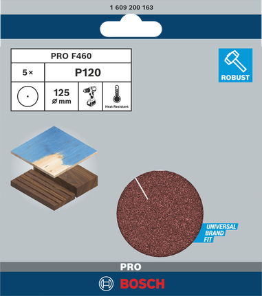 Шлифовальные листы Bosch PRO F460 125 мм G120, упаковка из 5 штук.