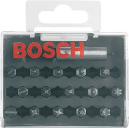 Набор бит для отвертки Bosch с различными насадками в футляре.