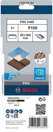 Шлифовальная лента Bosch PRO X440 60x400 мм G100, комплект из 3 штук.