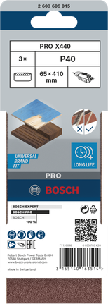Шлифовальная лента Bosch PRO X440, зернистость 65x410 мм, 40 дюймов, упаковка из 3 штук.