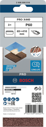 Шлифовальная лента Bosch PRO X440 65x410 мм G60, комплект из 3 штук.