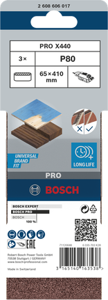 Шлифовальная лента Bosch PRO X440 65x410 мм G80, комплект из 3 штук.