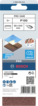 Шлифовальная лента Bosch PRO X440 65 x 410 мм G100, комплект из 3 штук.