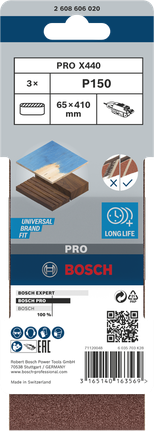 Шлифовальная лента Bosch PRO X440 65x410 мм G150, комплект из 3 штук.