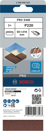 Шлифовальная лента Bosch PRO X440 65 x 410 мм G220, комплект из 3 штук.